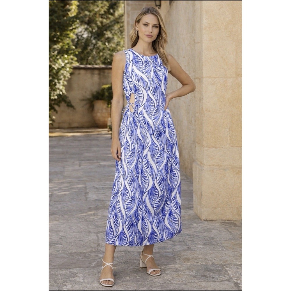 Magaschoni Blue Palms 100% Linen Side Cut-Out Dress Size 2 Beach Resort NWOT
